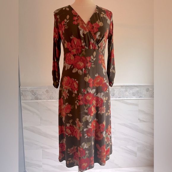 J Jill A-Line Stretch 3/4 Sleeves Floral Brown and Red Midi Dress XS - Picture 1 of 9